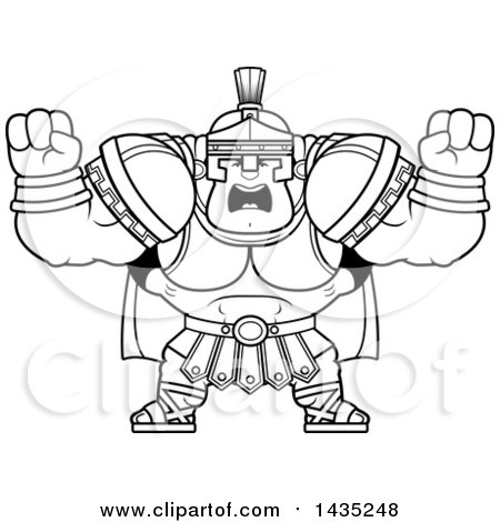 Clipart of a Cartoon Black and White Lineart Buff Muscular Centurion Soldier Holding His Fists in Balls of Rage - Royalty Free Vector Illustration by Cory Thoman