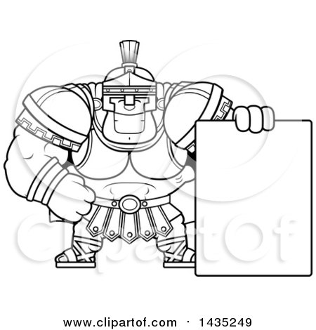 Clipart of a Cartoon Black and White Lineart Buff Muscular Centurion Soldier with a Blank Sign - Royalty Free Vector Illustration by Cory Thoman