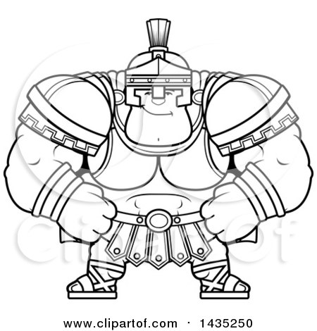Clipart of a Cartoon Black and White Lineart Smug Buff Muscular Centurion Soldier - Royalty Free Vector Illustration by Cory Thoman