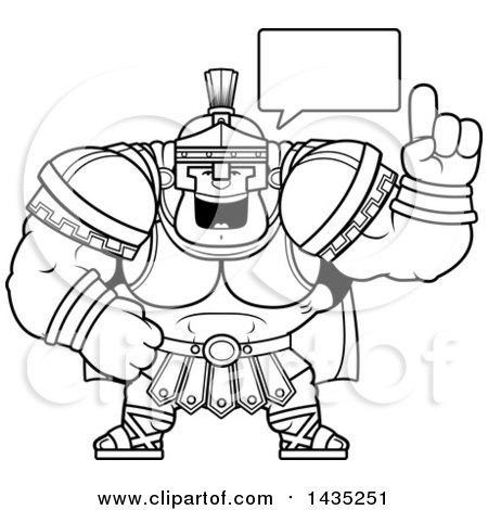 Clipart of a Cartoon Black and White Lineart Buff Muscular Centurion Soldier Talking - Royalty Free Vector Illustration by Cory Thoman