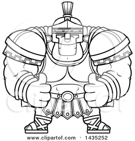 Clipart of a Cartoon Black and White Lineart Buff Muscular Centurion Soldier Giving Two Thumbs up - Royalty Free Vector Illustration by Cory Thoman