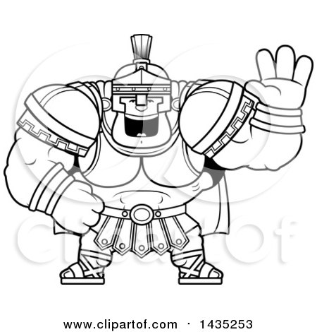 Clipart of a Cartoon Black and White Lineart Buff Muscular Centurion Soldier Waving - Royalty Free Vector Illustration by Cory Thoman