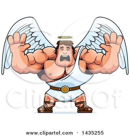 Clipart of a Cartoon Buff Muscular Male Angel Holding His Hands up and Screaming - Royalty Free Vector Illustration by Cory Thoman
