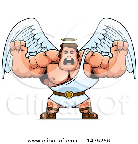 Clipart of a Cartoon Buff Muscular Male Angel Holding His Fists in Balls of Rage - Royalty Free Vector Illustration by Cory Thoman