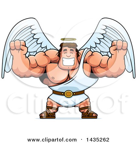 Clipart of a Cartoon Buff Muscular Male Angel Cheering - Royalty Free Vector Illustration by Cory Thoman