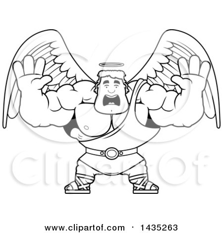 Clipart of a Cartoon Black and White Lineart Buff Muscular Male Angel Holding His Hands up and Screaming - Royalty Free Vector Illustration by Cory Thoman