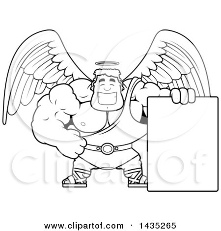 Clipart of a Cartoon Black and White Lineart Buff Muscular Male Angel with a Blank Sign - Royalty Free Vector Illustration by Cory Thoman