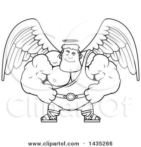 Clipart of a Cartoon Black and White Lineart Smug Buff Muscular Male Angel - Royalty Free Vector Illustration by Cory Thoman