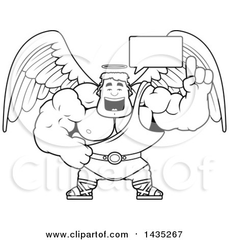 Clipart of a Cartoon Black and White Lineart Talking Buff Muscular Male Angel - Royalty Free Vector Illustration by Cory Thoman