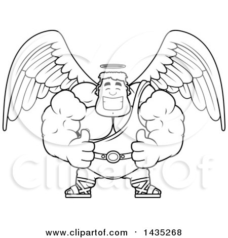 Clipart of a Cartoon Black and White Lineart Buff Muscular Male Angel Giving Two Thumbs up - Royalty Free Vector Illustration by Cory Thoman