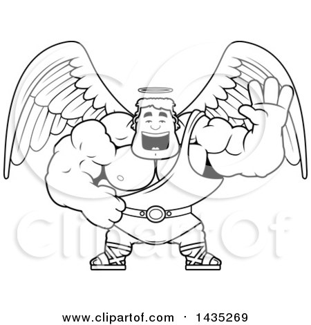 Clipart of a Cartoon Black and White Lineart Buff Muscular Male Angel Waving - Royalty Free Vector Illustration by Cory Thoman