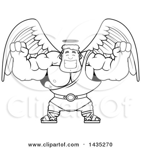 Clipart of a Cartoon Black and White Lineart Buff Muscular Male Angel Cheering - Royalty Free Vector Illustration by Cory Thoman
