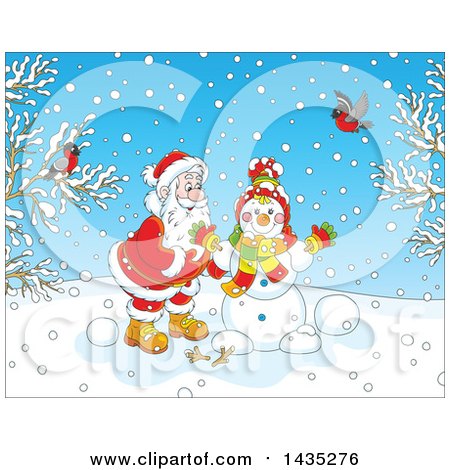 Clipart of a Cartoon Christmas Scene of Santa Claus Making a Snowman on a Winter Day, with Birds Watching - Royalty Free Vector Illustration by Alex Bannykh