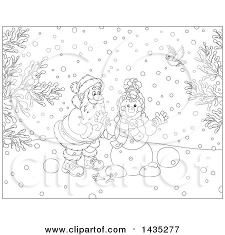 Clipart of a Cartoon Black and White Lineart Christmas Scene of Santa Claus Making a Snowman on a Winter Day, with Birds Watching - Royalty Free Vector Illustration by Alex Bannykh