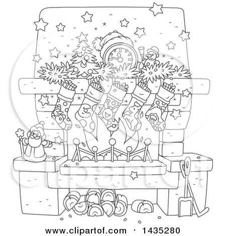 Clipart of a Cartoon Black and White Lineart Decorated Christmas Fireplace Hearth - Royalty Free Vector Illustration by Alex Bannykh