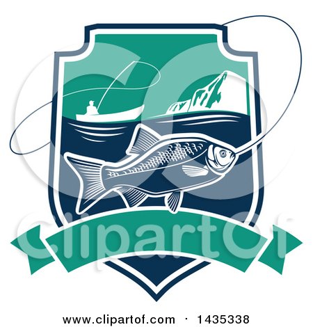 Clipart of a Silhouetted Boat and Fisherman and a Fish in a Shield over a Banner - Royalty Free Vector Illustration by Vector Tradition SM