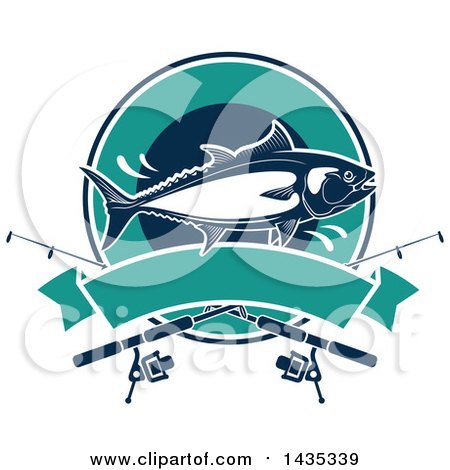 Clipart of a Tuna Fish Jumping in a Circle over a Banner - Royalty Free Vector Illustration by Vector Tradition SM