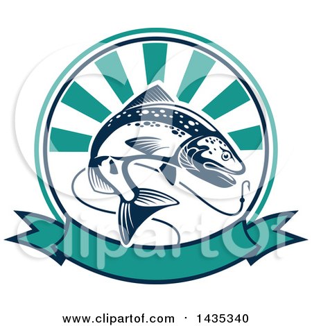 Clipart of a Trout Fish Jumping for a Hook in a Ray Circle over a Banner - Royalty Free Vector Illustration by Vector Tradition SM