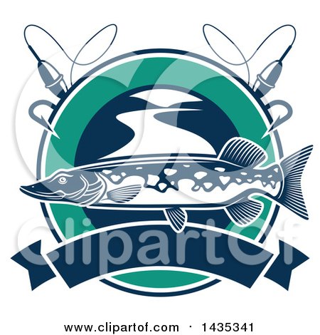 Clipart of a Pike Fish in a Circle with Fishing Bobbers, Line and Hooks over a Banner - Royalty Free Vector Illustration by Vector Tradition SM