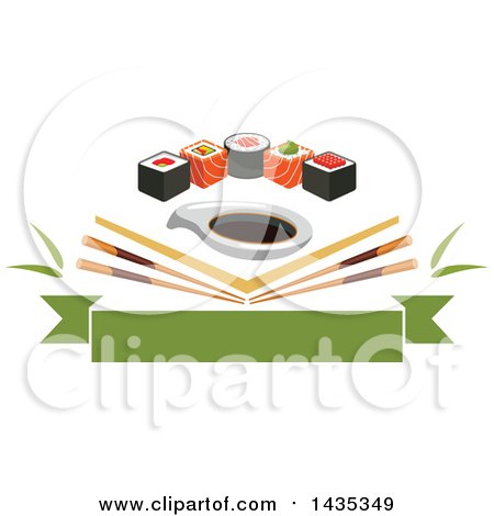 Clipart of a Row of Sushi Rolls with Salmon and Nori over Angled Chopsticks and Soy Sauce over a Banner - Royalty Free Vector Illustration by Vector Tradition SM