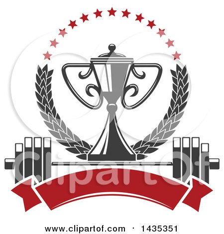 Clipart of a Bodybuilder Championship Trophy in a Laurel and Star Wreath over a Barbell and Blank Banner - Royalty Free Vector Illustration by Vector Tradition SM