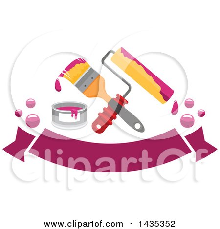 Clipart of a Crossed Roller and Paintbrush with a Sample Can over a Banner - Royalty Free Vector Illustration by Vector Tradition SM