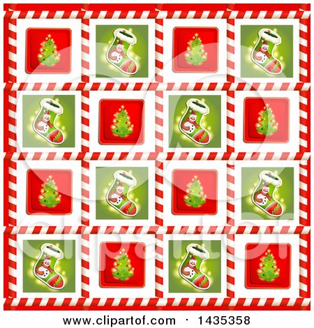 Clipart of a Christmas Background of Stockings and Tree Tiles in Candy Cane Frames - Royalty Free Vector Illustration by merlinul