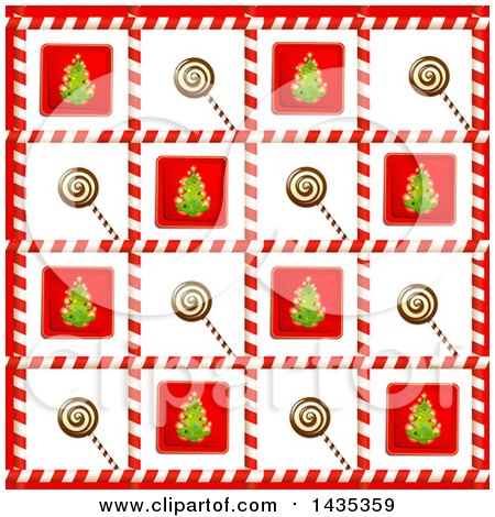Clipart of a Christmas Background of Lolipop and Tree Tiles in Candy Cane Frames - Royalty Free Vector Illustration by merlinul