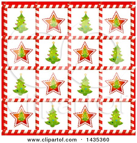 Clipart of a Christmas Background of Tree Tiles in Candy Cane Frames - Royalty Free Vector Illustration by merlinul