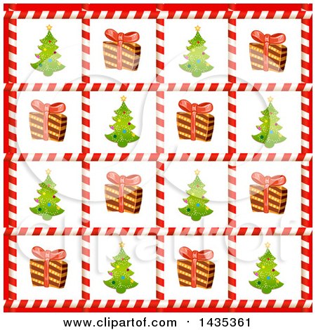 Clipart of a Christmas Tile Background of Trees and Gifts in Candy Cane Frames - Royalty Free Vector Illustration by merlinul