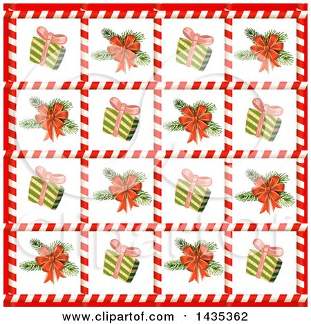 Clipart of a Christmas Tile Background of Gifts and Tree Branches in Candy Cane Frames - Royalty Free Vector Illustration by merlinul