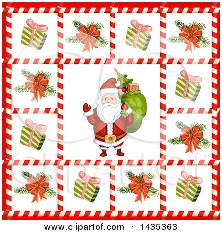 Clipart of a Christmas Santa Bordered in Gifts and Tree Branches in Candy Cane Frames - Royalty Free Vector Illustration by merlinul