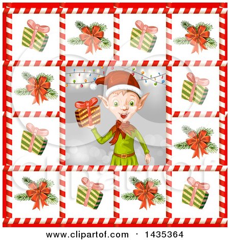Clipart of a Christmas Elf Bordered in Gifts and Tree Branches in Candy Cane Frames - Royalty Free Vector Illustration by merlinul