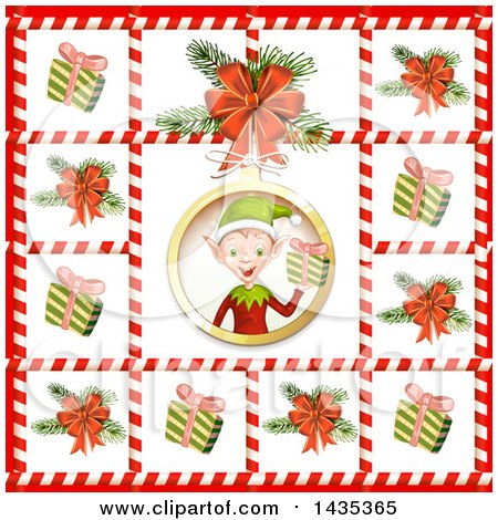 Clipart of a Christmas Elf Bordered in Gifts and Tree Branches in Candy Cane Frames - Royalty Free Vector Illustration by merlinul