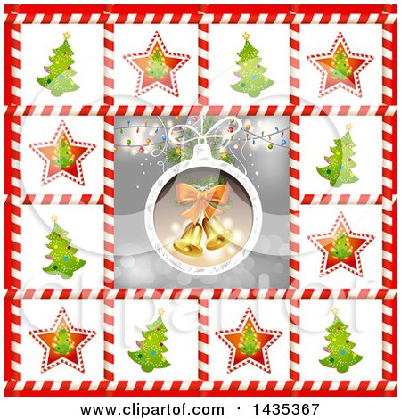 Clipart of a Christmas Bauble with Lights and Bells Bordered in Trees in Candy Cane Frames - Royalty Free Vector Illustration by merlinul