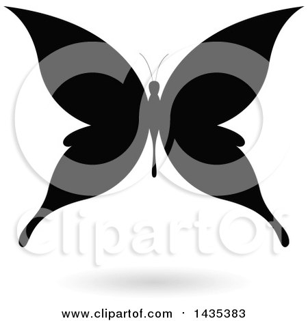 Clipart of a Black Silhouetted Butterfly with a Shadow - Royalty Free Vector Illustration by cidepix