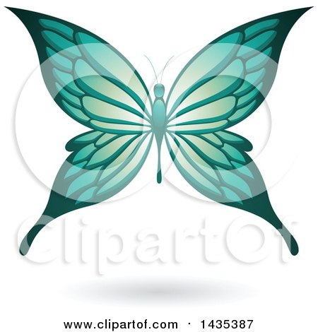 Clipart of a Flying Turquoise Butterfly and Shadow - Royalty Free Vector Illustration by cidepix