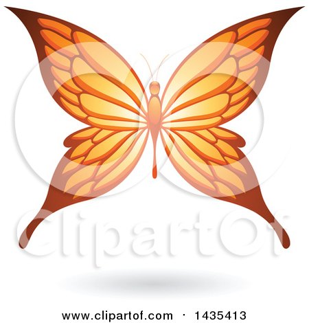 Clipart of a Flying Orange Butterfly and Shadow - Royalty Free Vector Illustration by cidepix
