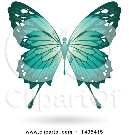 Clipart of a Flying Turquoise Butterfly and Shadow - Royalty Free Vector Illustration by cidepix