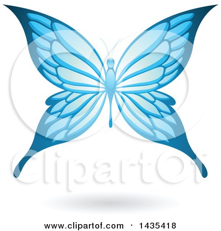 Clipart of a Flying Blue Butterfly and Shadow - Royalty Free Vector Illustration by cidepix