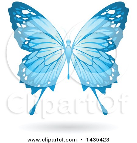 Clipart of a Flying Blue Butterfly and Shadow - Royalty Free Vector Illustration by cidepix