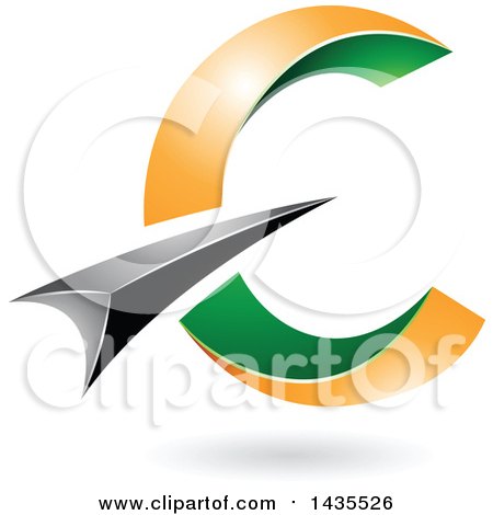 Clipart of an Abstract Black, Green and Orange Letter C Design, with a Shadow - Royalty Free Vector Illustration by cidepix