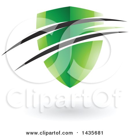 Clipart of a Floating Green Shield with Black Swooshes and a Shadow - Royalty Free Vector Illustration by cidepix