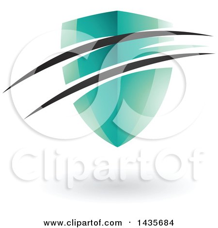 Clipart of a Floating Turquoise Shield with Black Swooshes and a Shadow - Royalty Free Vector Illustration by cidepix