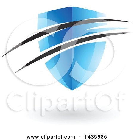 Clipart of a Floating Blue Shield with Black Swooshes and a Shadow - Royalty Free Vector Illustration by cidepix