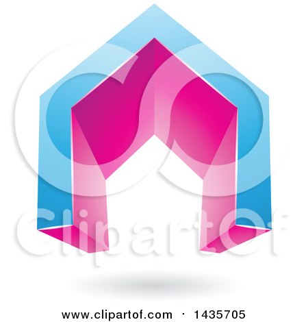 Clipart of a 3d Floating Abstract Blue and Pink House or Gate Design with a Shadow - Royalty Free Vector Illustration by cidepix