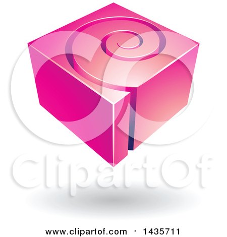 Clipart of a 3d Abstract Floating Pink Cube with a Spiral, over a Shadow - Royalty Free Vector Illustration by cidepix