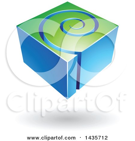 Clipart of a 3d Abstract Floating Blue and Green Cube with a Spiral, over a Shadow - Royalty Free Vector Illustration by cidepix