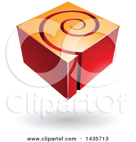 Clipart of a 3d Abstract Floating Red and Orange Cube with a Spiral, over a Shadow - Royalty Free Vector Illustration by cidepix