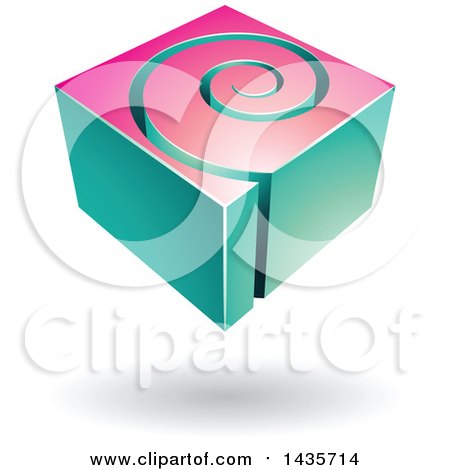 Clipart of a 3d Abstract Floating Turquoise and Pink Cube with a Spiral, over a Shadow - Royalty Free Vector Illustration by cidepix